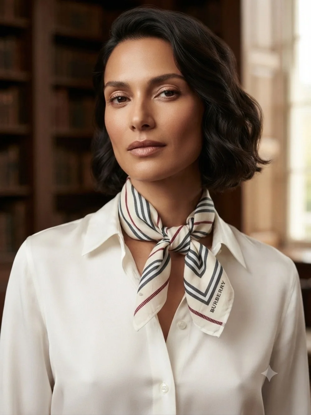 Burberry Cream Striped Silk Neckerchief with Navy & Burgundy Accents